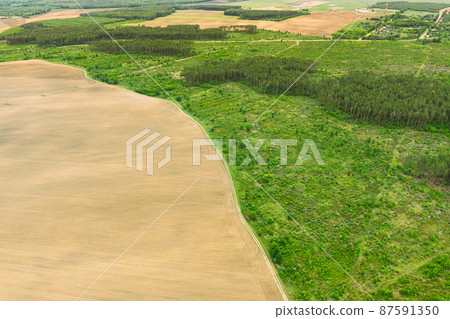 Aerial View Of Field And Deforestation Area Zone Landscape. Top View Of Field And Green Pine Forest Landscape. Large-scale Industrial Deforestation To Expand Agricultural Fields Aerial View Of Field And Deforestation Area Zone Landscape. Top View Of Field And Green Pine Forest Landscape. Large-scale Industrial Deforestation To Expand Agricultural Fields 87591350