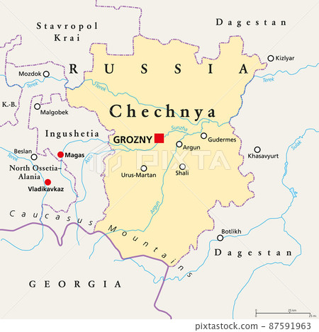 Chechnya, political map, with capital Grozny and borders. Chechen Republic, a republic of Russia, and part of North Caucasus Federal District, situated in the North Caucasus of Eastern Europe. Vector. Chechnya, political map, with capital Grozny and borders. Chechen Republic, a republic of Russia, and part of North Caucasus Federal District, situated in the North Caucasus of Eastern Europe. Vector. 87591963