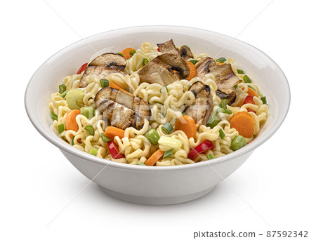 Instant noodles with grilled mushrooms on white background 87592342
