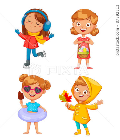 Seasonal year illustration. Cute girl, 4 seasons 87592513