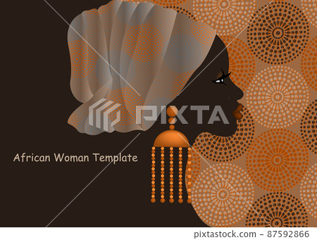 beautiful portrait African woman template, wax print fabric turban, Afro hairstyle, vintage colorful head wrap for afro curly hair, vector vintage ethnic tribal background beautiful portrait African woman template, wax print fabric turban, Afro hairstyle, vintage colorful head wrap for afro curly hair, vector vintage ethnic tribal background 87592866