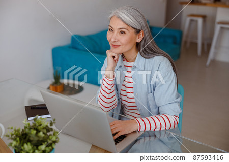 Smiling woman working on laptop at home 87593416