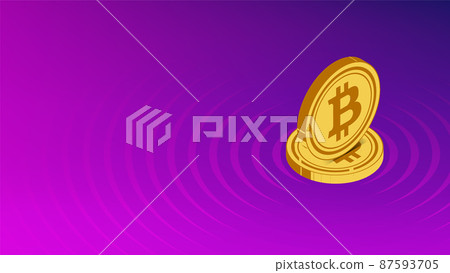 Two realistic gold bitcoin coins on colorful purple blue gradient background with beautiful circular pattern banner or cover template Two realistic gold bitcoin coins on colorful purple blue gradient background with beautiful circular pattern banner or cover template 87593705