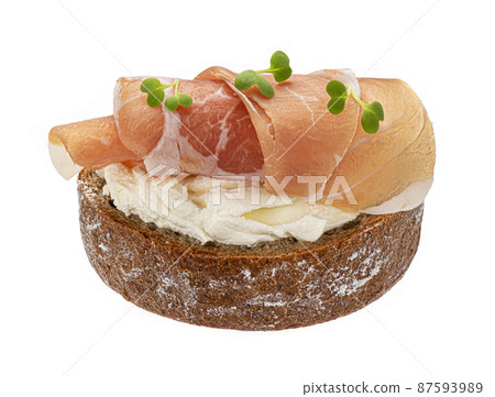 Toast with prosciutto isolated on white Toast with prosciutto isolated on white 87593989