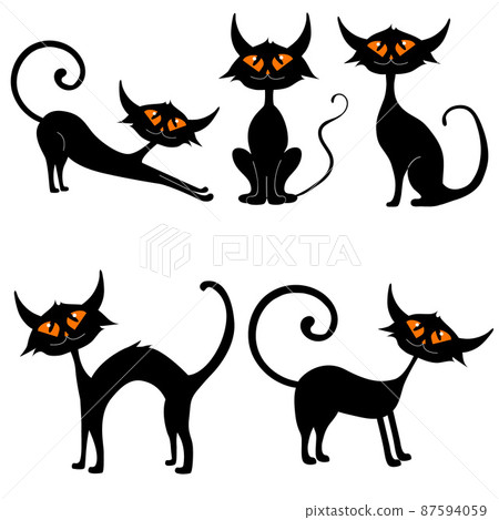set of black cats in different poses with glowing eyes, vector isolated on a white background, Halloween. 87594059