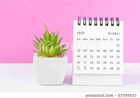 October 2022 desk calendar with plant pot on pink background. October 2022 desk calendar with plant pot on pink background. 87595655