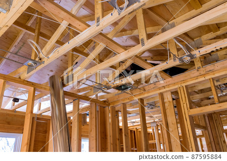 Framing of beams stick built house on new home under construction Framing of beams stick built house on new home under construction 87595884