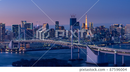 Panorama night view of the Rainbow Bridge and Tokyo Tower during the magic hour 87596004