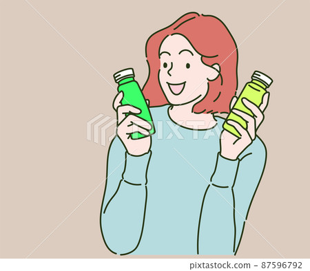 Young woman shown bottle juice orange vegetable smoothie. Hand drawn in thin line style, vector illustrations. 87596792