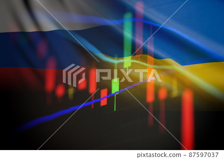 War Russia and the US in Ukraine and the Middle East. Ukraine crisis Ukraine and Russia military conflict Stock market exchange loss trading graph analysis investment business graph charts financial 87597037