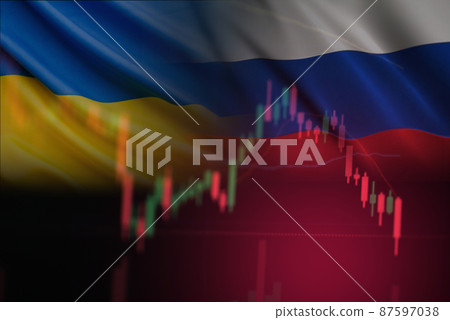 War Russia and the US in Ukraine and the Middle East. Ukraine crisis Ukraine and Russia military conflict Stock market exchange loss trading graph analysis investment business graph charts financial 87597038