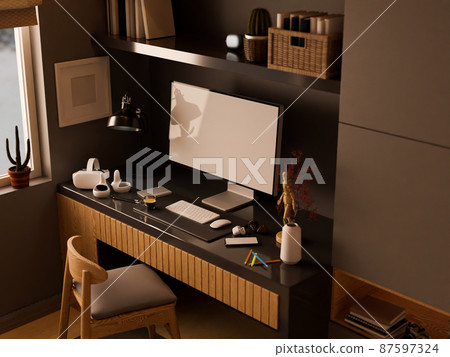 Elegance modern home workspace with computer mockup Elegance modern home workspace with computer mockup 87597324