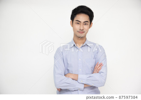 Portrait of Asian man with arms crossed and smile isolated over white background 87597384