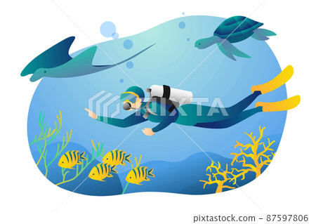 Scuba diver swimming with sea creatures 87597806
