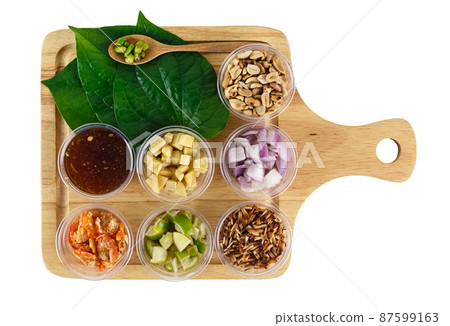 Top view of thai appetizer - Savoury Leaf Wraps Top view of thai appetizer - Savoury Leaf Wraps 87599163