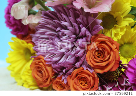 Close up of Bouquet with Chrysanthemums and Miniature Roses 87599211