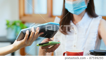 woman pay by smartphone woman pay by smartphone 87599293