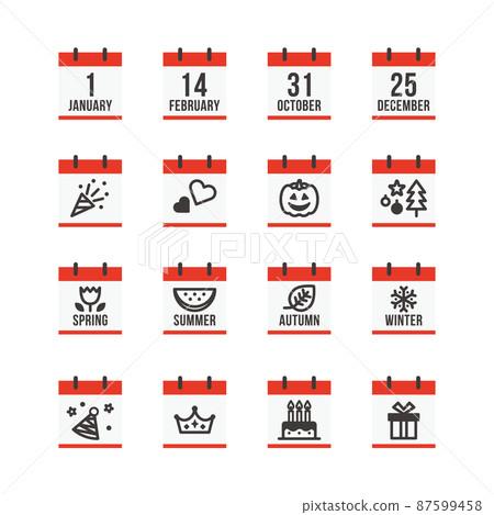 帶有事件或季節圖像的平面日曆圖標 帶有事件或季節圖像的平面日曆圖標 87599458