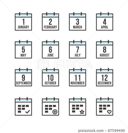 Pictogram icon set with the image of a monthly calendar and schedule 87599490