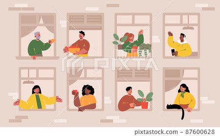 House facade with people in windows 87600628