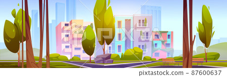 City park with trees, benches and eco houses 87600637