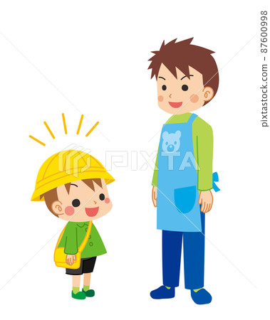 Illustration of a cute kindergarten boy greeting a kindergarten teacher cheerfully White background clip art 87600998