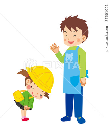 一個可愛的幼兒園女孩鞠躬和問候幼兒園老師的插圖全身白色背景剪貼畫 87601001