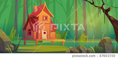 Wooden stilt house at forest swamp, old shack Wooden stilt house at forest swamp, old shack 87601550