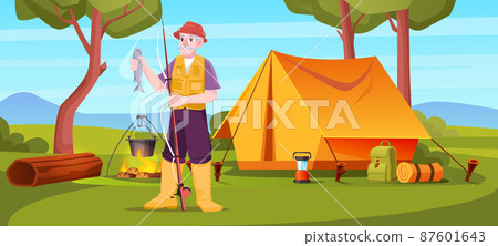 Senior fisherman holding fish and rod in camp 87601643
