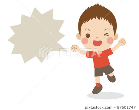一個男孩用拳頭奔跑，一邊眨眼，一邊用文字泡泡 87601747
