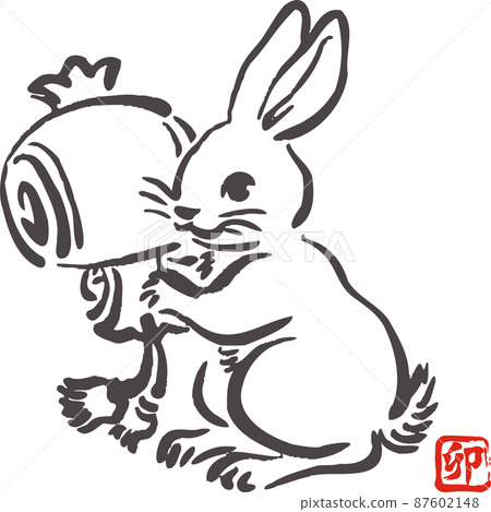 新年賀卡材料新年賀卡2023兔兔兔年木槌水墨畫水墨日本畫浮世繪手繪插圖 87602148