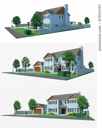 3d illustration. Modern house with garden and garage. 3d rendering. 87602497