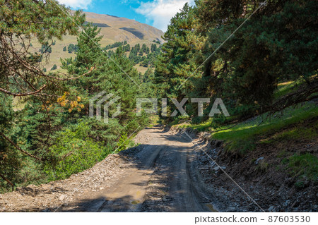 View in Mountains. Road to Shenako village from Diklo in Tusheti region View in Mountains. Road to Shenako village from Diklo in Tusheti region 87603530