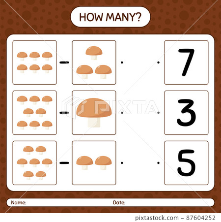 How many counting game with mushroom. worksheet for preschool kids, kids activity sheet, printable worksheet How many counting game with mushroom. worksheet for preschool kids, kids activity sheet, printable worksheet 87604252