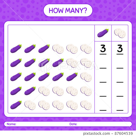 How many counting game with eggplant. worksheet for preschool kids, kids activity sheet, printable worksheet How many counting game with eggplant. worksheet for preschool kids, kids activity sheet, printable worksheet 87604539