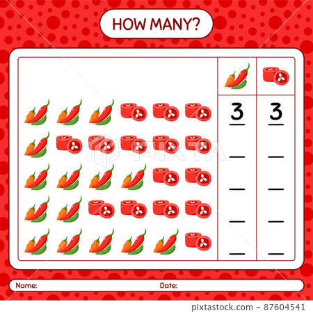 How many counting game with chili pepper. worksheet for preschool kids, kids activity sheet, printable worksheet 87604541