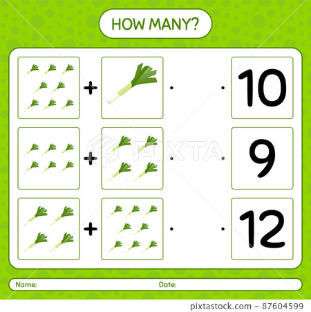 How many counting game with leek. worksheet for preschool kids, kids activity sheet, printable worksheet How many counting game with leek. worksheet for preschool kids, kids activity sheet, printable worksheet 87604599