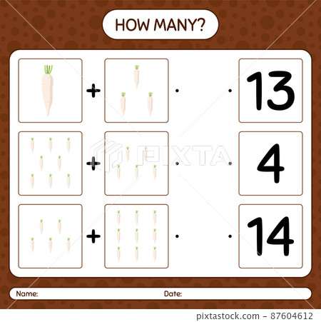 How many counting game with daikon. worksheet for preschool kids, kids activity sheet, printable worksheet How many counting game with daikon. worksheet for preschool kids, kids activity sheet, printable worksheet 87604612
