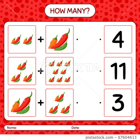 How many counting game with chili pepper. worksheet for preschool kids, kids activity sheet, printable worksheet How many counting game with chili pepper. worksheet for preschool kids, kids activity sheet, printable worksheet 87604613