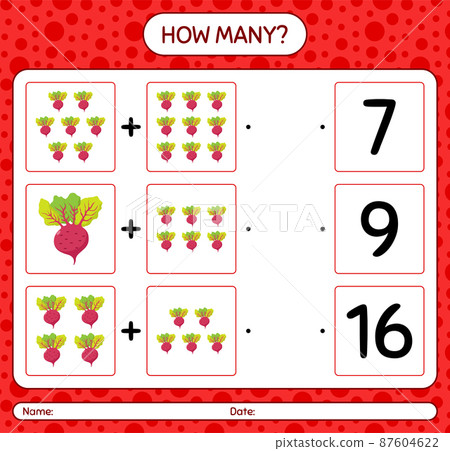 How many counting game with beet root. worksheet for preschool kids, kids activity sheet, printable worksheet 87604622