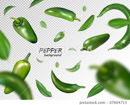 Falling green chili or chilli pepper isolated on transparent Realistic vector, 3d illustration 87604713