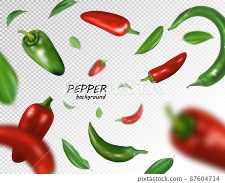 Many red and green chili peppers free falling on transparent background. Realistic vector, 3d illustration 87604714