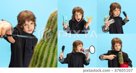 Collage. Portraits of little stylish boy, child in image of professional stylist, hairdresser, barber posing isolated over blue studio background Collage. Portraits of little stylish boy, child in image of professional stylist, hairdresser, barber posing isolated over blue studio background 87605107
