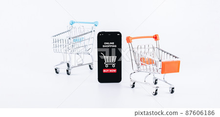 Internet shopping. Digital smartphone with online shop application, shopping trolley on white background. Easy ecommerce website shop. Customer experience concept. Internet shopping. Digital smartphone with online shop application, shopping trolley on white background. Easy ecommerce website shop. Customer experience concept. 87606186