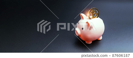 Save money business bitcoin. Pink pig bank with golden bit coin BTC on dark background. Save cryptocurrency virtual money concept. Save money business bitcoin. Pink pig bank with golden bit coin BTC on dark background. Save cryptocurrency virtual money concept. 87606187