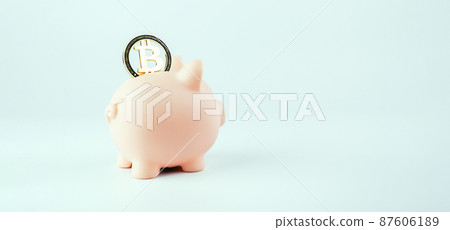 Save bitcoin money. Pink piggy bank with crypto coin BTC on white background. Saving currency money and financial concept bank. Save bitcoin money. Pink piggy bank with crypto coin BTC on white background. Saving currency money and financial concept bank. 87606189