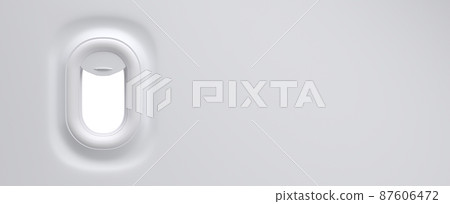 Aircraft window. Realistic airplane porthole with open shade, plane cabin interior. Mockup illuminator of white plastic and clear plexiglass. Airline journey 3d render illustration, travel banner 87606472