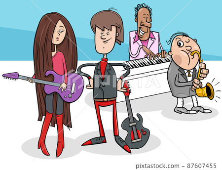 cartoon girl and guy with guitars and musical band 87607455