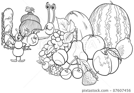 cartoon insects and snail with fresh fruit coloring book page 87607456
