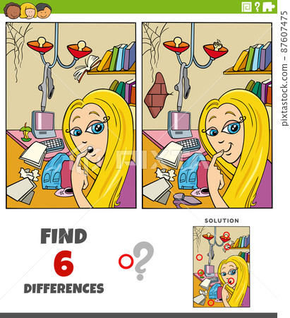 differences task with cartoon girl and mess in her room 87607475